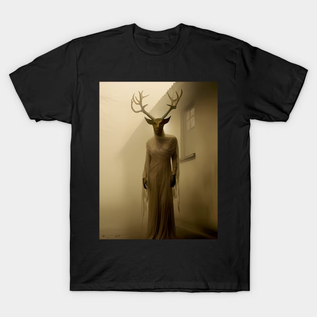 Scary Horned Halloween Demon: Outside My Bedroom Window on a Dark Background T-Shirt by Puff Sumo